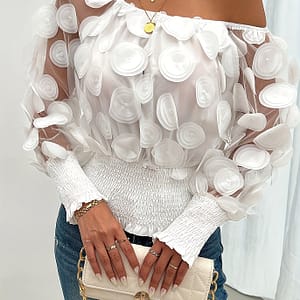 Elegant Off-shoulder White Blouse With Mesh Detail – & Chic, Machine Washable Blouses Shop Online at Dubai Trades