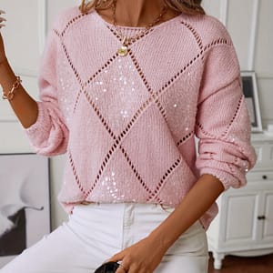 Elegant Pink Sequin-embellished Women’s Sweater – Casual Loose Fit, Round Neck, Long Sleeve Knit Pullover With Diamond Pattern, Fall/winter, Casual Winter Wear|round Neck Top| Clothing Shop Online at Dubai Trades