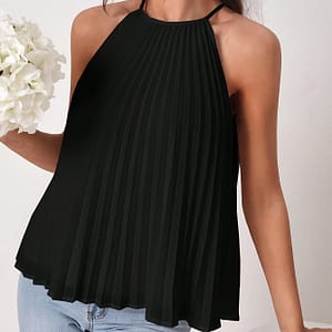 Elegant Pleated Halter Top For Women – Black Sleeveless Shirt, Slim Fit, Stretch Fabric, Casual Or Formal Occasions, Stylish Summer Top | Pleated Design | Asymmetrical Hem Blouses Shop Online at Dubai Trades