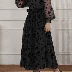 Elegant Plus Size Black Lace-trim V-neck Dress With Floral Pattern And Tie Waist Detail – Slim Fit Midi Dress For Women, Spring/fall, Plus Size Dress Clothing Shop Online at Dubai Trades