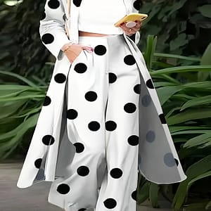 Elegant Plus Size Suit Set, Lapel Collar, Geometric Pattern, Non-stretch Polyester, With Pocket, 100gsm, 100% Polyester, For Women Clothing Shop Online at Dubai Trades 2