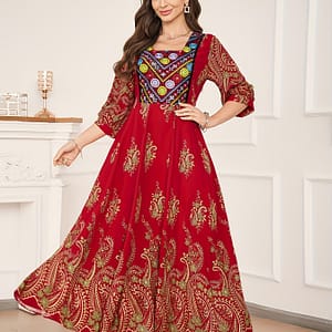 Elegant Red Bohemian Maxi Dress With Golden Accents – Square Neck, Wide Sleeves, Belted Waist, Casual, Holiday, And Beach Wear, Versatile Dress|bohemian Style|square Neckline Clothing Shop Online at Dubai Trades