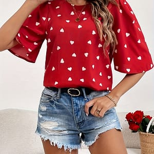 Elegant Red Heart Print Flutter Sleeve Blouse – Lightweight Polyester Round Neck Shirt For Women, Spring, Summer, And Fall Casual Wear Blouses Shop Online at Dubai Trades