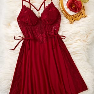 Elegant Red Lace Nightgown For Women – Sexy Split Design, Adjustable Straps, Detail, Sleepwear & Lounge Robe Clothing Shop Online at Dubai Trades