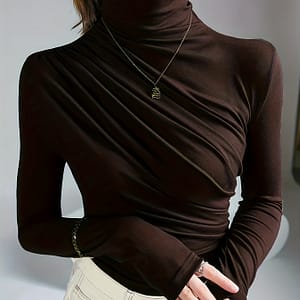Elegant Ruched Mock Neck Long Sleeve Top For Women – Stylish Autumn/winter Blouse, Soft Polyester & Elastane , Machine Washable, Dark Brown, Casual Or Dressy Outfits Clothing Shop Online at Dubai Trades