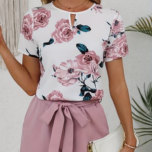 Elegant Shorts Set, Floral Print Cut Out Blouse & Belted Solid Color Simple Shorts For Summer, Women’s Clothing Clothing Shop Online at Dubai Trades