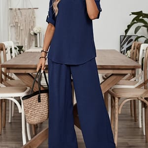 Elegant Solid 2 Piece Set, Notched Neck Half Sleeve Top & Wide Leg Pants Outfits, Women’s Clothing Clothing Shop Online at Dubai Trades