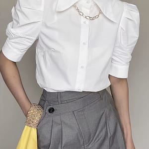 Elegant Solid Color Button-front Short Sleeve Shirt For Women, Polyester, Machine Washable, Short Sleeve, Women’s Clothing Blouses Shop Online at Dubai Trades
