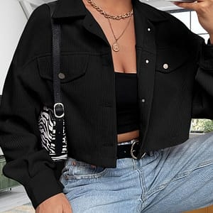 Elegant Special Collection Women’s Middle Eastern-inspired Drop Shoulder Cropped Jacket – Black Corduroy With Button Front, Chest Pockets & Versatile Style Casual Jackets Shop Online at Dubai Trades
