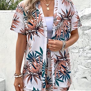 Elegant Spring/summer Women’s Outfit – Leaf Print Open Front Top & Drawstring Shorts Set, Machine Washable Clothing Shop Online at Dubai Trades