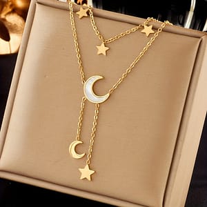 Elegant Stainless Steel Star Moon Necklace – Chic Resin Pendant, Layered Fine Chain Design For Women | & Special Occasions, Cute Necklace Clothing, Shoes & Jewelry Shop Online at Dubai Trades