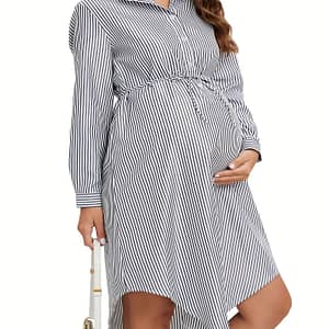 Elegant Striped Maternity Dress With Belt – Long Sleeve, Knee-length Shirt Style For Women, Machine Washable, Loose, Collar Clothing, Shoes & Jewelry Shop Online at Dubai Trades