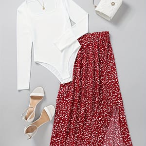 Elegant Two-piece Set For Women: Chic Long Sleeve Bodysuit & Floral Skirt – Polyester Blend, Square Neck, Machine Washable – Spring/summer Clothing Shop Online at Dubai Trades