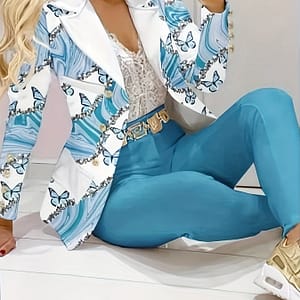 Elegant Two-piece Set, Print Long Sleeve Lapel Neck Double-breasted Blazer & Solid Skinny Pants Outfits, Women’s Clothing Blazers Shop Online at Dubai Trades