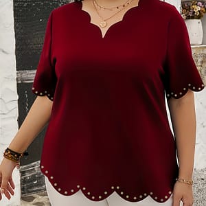Elegant V-neck Blouse With Scallop Trim – Breathable Polyester & Elastane, Machine Washable – Clothing Shop Online at Dubai Trades