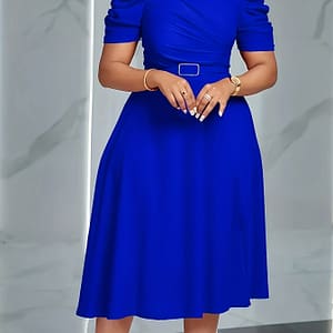 Elegant V-neck Knit Dress For Women – Solid Color, Knee-length With Flowy Skirt & Puff Sleeves, Machine Washable Clothing Shop Online at Dubai Trades