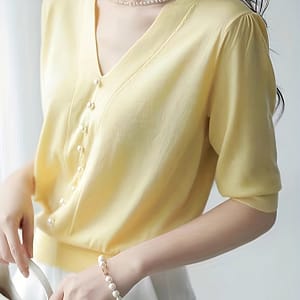 Elegant V-neck Knit Top For Women With Chic Pearl Button Detail – Short Sleeve, Loose Fit T-shirt Spring/summer/fall, Viscose/polyester Clothing Shop Online at Dubai Trades