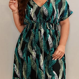 Elegant V-neck Peplum Dress, Polyester Floral Pattern Back Tie Dress With Slight Stretch, Shirred Details, For , Women’s Clothing Clothing Shop Online at Dubai Trades