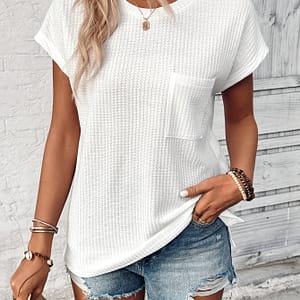 Elegant Women’ Color Blouse With Pocket – Crew Neck, Short Sleeve, Stretchy Polyester & Spandex Blend, Machine Washable – Spring/summer/fall Blouses Shop Online at Dubai Trades