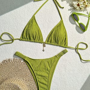 Elegant Women’ Green Halter Bikini Set – Textured Fabric, High-waisted Two-piece Swimsuit With Tie Detail, Machine Washable, High Waisted Bikini Set Bikinis Shop Online at Dubai Trades