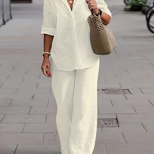 Elegant Women’-piece Outfit: Button-up Shirt & Casual Pants Set – Breathable Polyester, Machine Washable Clothing Shop Online at Dubai Trades