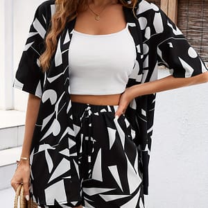 Elegant Women’-piece Outfit: Geometric Print Open Front Cardigan & Drawstring Shorts Set – Machine Washable, Spring/summer Collection Clothing Shop Online at Dubai Trades