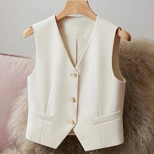 Elegant Women’s Cream-colored Blazer Vest – Chic Notched Collar, Sleeveless, Button-up With Side Pockets, Polyester, Machine Washable & Dry , Versatile Short Vest For Clothing Shop Online at Dubai Trades
