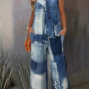 Elegant Women’s Denim-inspired Jumpsuit – Sleeveless With Ring Detail, Stretchy & Comfortable Polyester , Machine Washable, Blue And White Design For Summer Clothing Shop Online at Dubai Trades