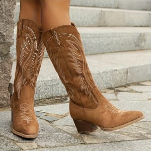 Elegant Women’s Embroidered Cowboy Boots – Pointed Toe, Chunky Heel, Mid-calf With Side Zipper, Cover Lining, Tpr/, Stylish Outfits, Cowgirl Boots Boots Shop Online at Dubai Trades