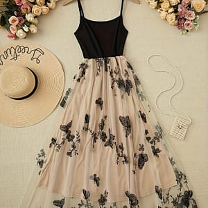 Elegant Women’s Lace & Tulle Embroidered Cami Dress – Sleeveless, Backless Design With Floral Patterns, Events Clothing Shop Online at Dubai Trades