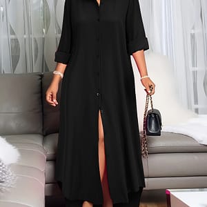Elegant Women’s Mustard Yellow Dress – Casual Polyester With Button- And Roll-up Sleeves, Machine Washable, Ideal For Clothing Shop Online at Dubai Trades
