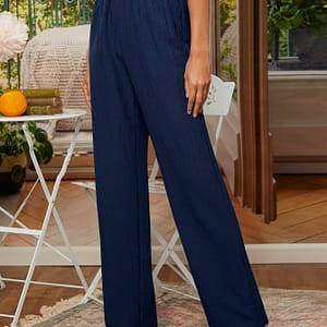 Elegant Women’s Navy Blue Straight-leg Pants – High-waisted, Textured Fabric With Waistband, Machine Washable, Clothing Shop Online at Dubai Trades