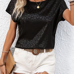 Elegant Women’s Slim-fit Casual Blouse – Leopard Print, Polyester, Crew Neck, Short Sleeve, Machine Washable – Summer Fashion Blouses Shop Online at Dubai Trades