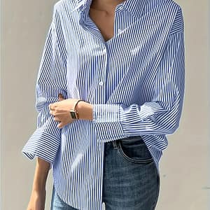 Elegant Women’s Striped Long Sleeve Button-up Shirt – Blue With , 100% Polyester, Machine Washable, For , Clothing|stylish Long Sleeves|polyester Fabric Blouses Shop Online at Dubai Trades