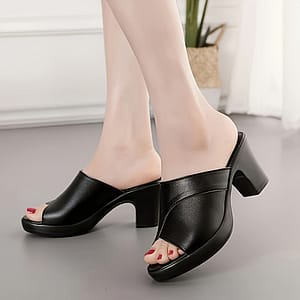 Elegant Women’s Summer Slide Sandals – Black Chunky Heel Mules, -on, Synthetic Cover, , Casual Wear Clothing, Shoes & Jewelry Shop Online at Dubai Trades