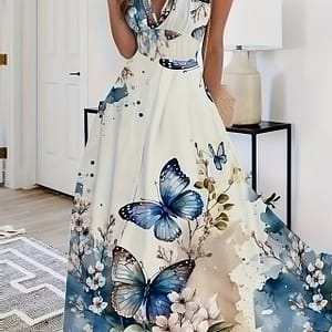 Elegant Women’s V-neck Sleeveless Dress – Floral & Print, Breathable Polyester, A-line Silhouette For Casual Outdoor Wear – Machine Washable, Clothing Shop Online at Dubai Trades