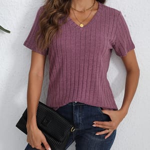 Elegant Women’s V-neck Sweater – Chic Short Sleeve Ribbed Knit In Purple, Comfortable Polyester Blend Pullover, Ideal For & Clothing Shop Online at Dubai Trades
