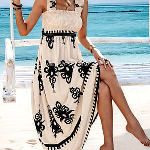 Elegant Women’s Vacation-style Floral Print Dress With Shirred Detail – Square Neck, A-line, Non-stretch Polyester – Machine Washable Clothing Shop Online at Dubai Trades