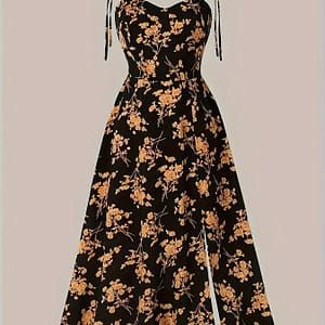 Elegant Y2k Floral Midi Dress For Women – Blue With White Flowers, Off-shoulder Design, Tie Straps, A-line Silhouette, Polyester, Machine Washable – Summer Clothing Shop Online at Dubai Trades