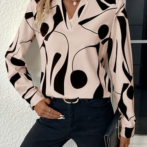 Elegant -neck Blouse With Black Geometric Patterns – Long Sleeve, Polyester, Machine Washable – Ideal For Spring/summer/fall Fashion Blouses Shop Online at Dubai Trades