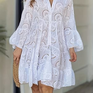 Elegant -neck Shift Dress With Embroidered Bell Sleeves – Lightweight, Loose Fit, Knee-length With Button Closure And Eyelet Details, Clothing Shop Online at Dubai Trades