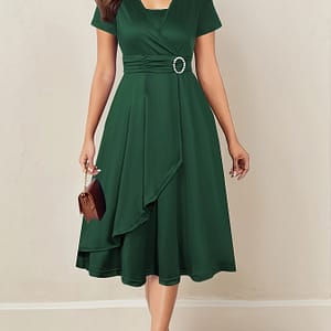 Elegant -neck Short Sleeve Midi Dress With Asymmetrical Hem – Polyester & Spandex Blend, Machine Washable, Parties & Evening Events Clothing Shop Online at Dubai Trades