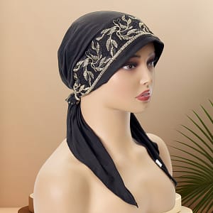 Embroidered Turban Hat Thin Chemo Hat Black Convenient Pullover Cap With Tails Clothing, Shoes & Jewelry Shop Online at Dubai Trades