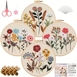 Embroidery Kit With Patterns, 4pcs Polyester Floral Embroidery Cloth, Adjustable Hoop, Needles, Thread Cards, And Instruction Manual – Mixed Color Flower Theme For All Seasons Arts, Crafts & Sewing Shop Online at Dubai Trades 2