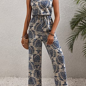 Ethnic Neck Jumpsuit, Vintage Sleeveless Tie Waist Straight Leg Jumpsuit, Women’s Clothing Clothing Shop Online at Dubai Trades