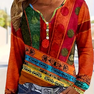 Ethnic Print Notched Neck T-shirt, Vintage Long Sleeve T-shirt For Spring & Fall, Women’s Clothing Clothing Shop Online at Dubai Trades