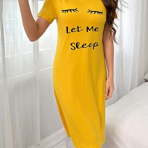Eyelash & Slogan Print Nightgown, Casual Short Sleeve Round Neck Tee Sleep Dress, Women’s Sleepwear Clothing Shop Online at Dubai Trades
