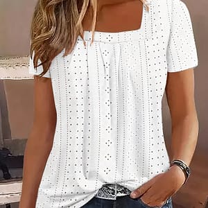 Eyelet Embroidered Square Neck T-shirt, Casual Short Sleeve Pleated Front Top For , Women’s Clothing Clothing Shop Online at Dubai Trades