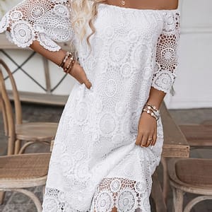 Eyelet Lace Off Shoulder Dress, Elegant Solid Color Half Sleeve Dress For , Women’s Clothing Clothing Shop Online at Dubai Trades