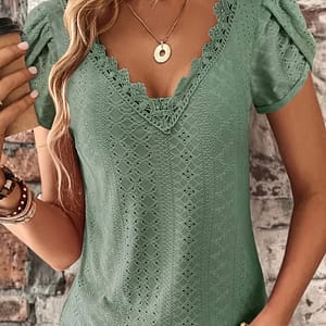 Eyelet Lace Trim V Neck Blouse, Casual Petal Sleeve Blouse For , Women’s Clothing Clothing Shop Online at Dubai Trades
